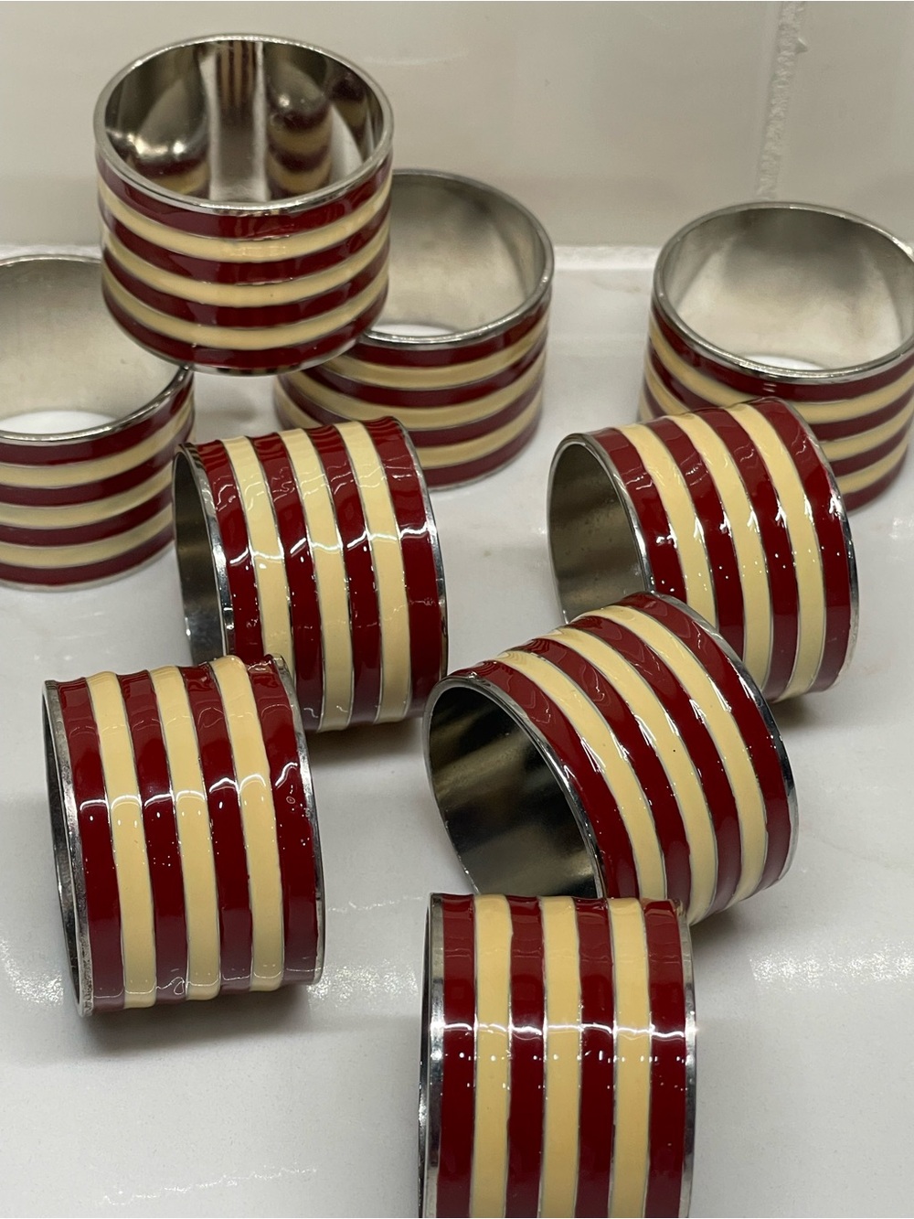 Christmas Red & Cream Striped Metal Enamel Napkin Rings Set of 9, Hand Wash Only
